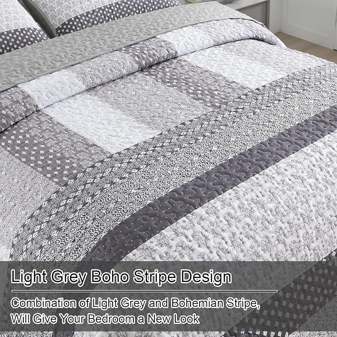 WONGS BEDDING Grey Queen Size Quilt Set, Boho Striped Patchwork Bedspread | 3 - Image 6