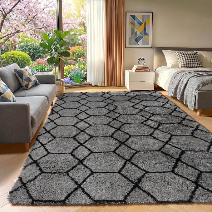 5x7 Area Rugs for Living Room Bedroom, Fluffy Grey and Black Throw Rug - Image 6