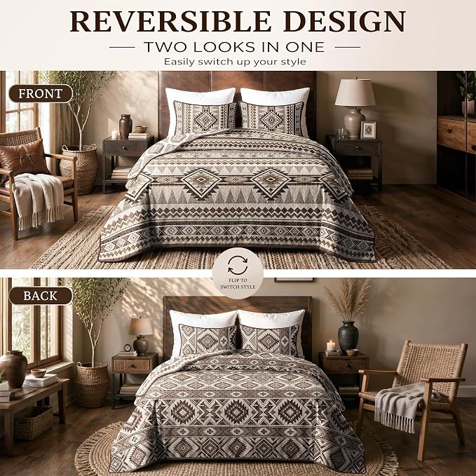akkialla Reversible Brown Boho Twin Quilt Set, 2-Piece Bohemian Aztec - Image 3