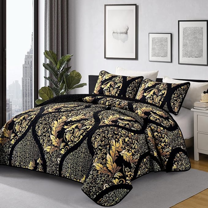 DJY Black Quilt Set California King Size 3Pcs, Boho Gold Damask Bedspread | - Image 2