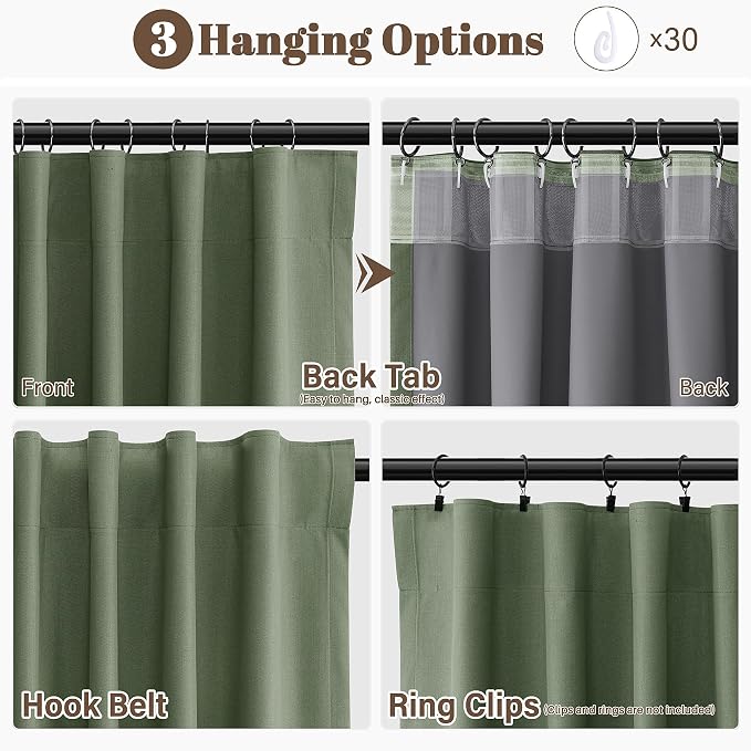 Olive Green Linen 100% Blackout Curtains 98 Inches Long - Image 2