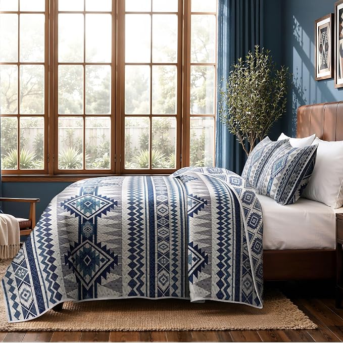 akkialla Reversible Blue Boho Twin Quilt Set, 2-Piece Bohemian Aztec Microfiber - Image 5