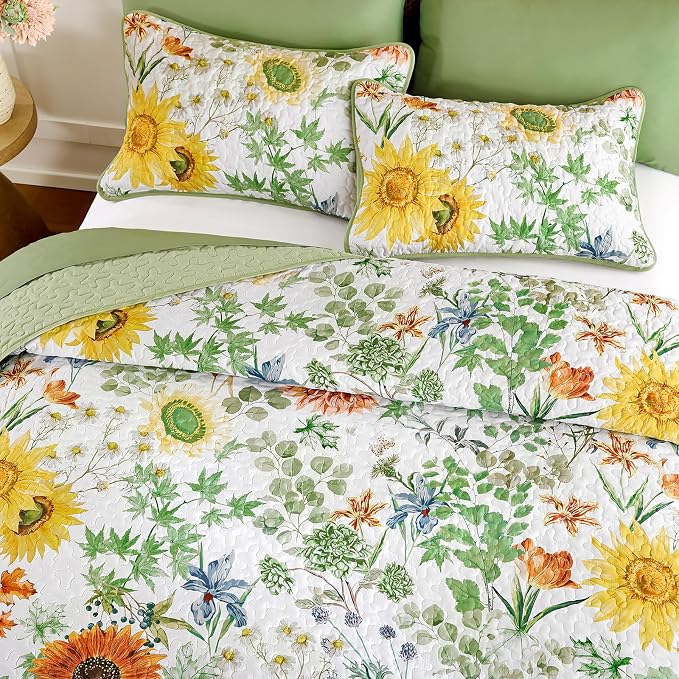 Yiran Sage Green Full Size Quilt, Sunflower Floral Bedspread Bedding Set | 3 - Image 3