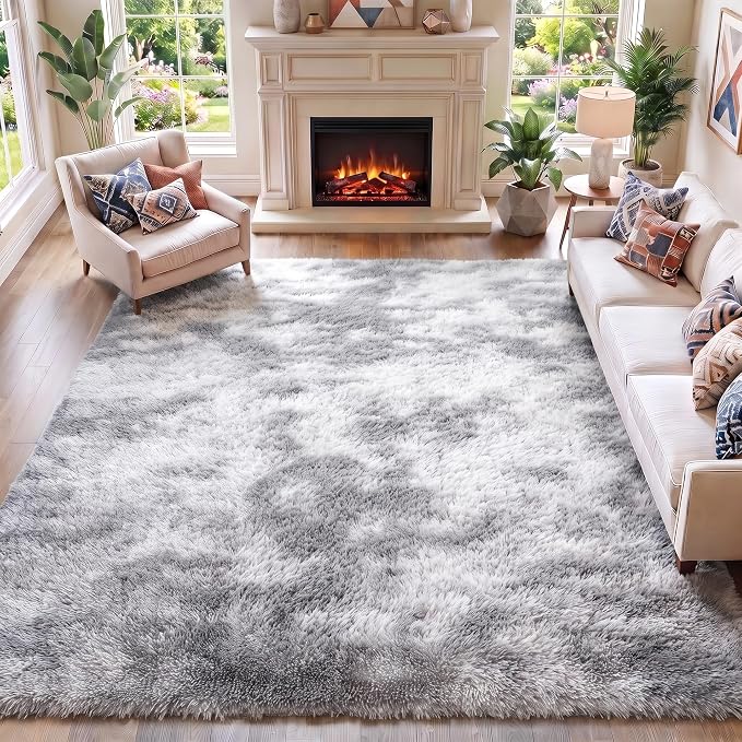 5x8 Area Rugs for Living Room Bedroom, Fluffy Tie-Dyed Light Grey Shag Rug by ONASAR