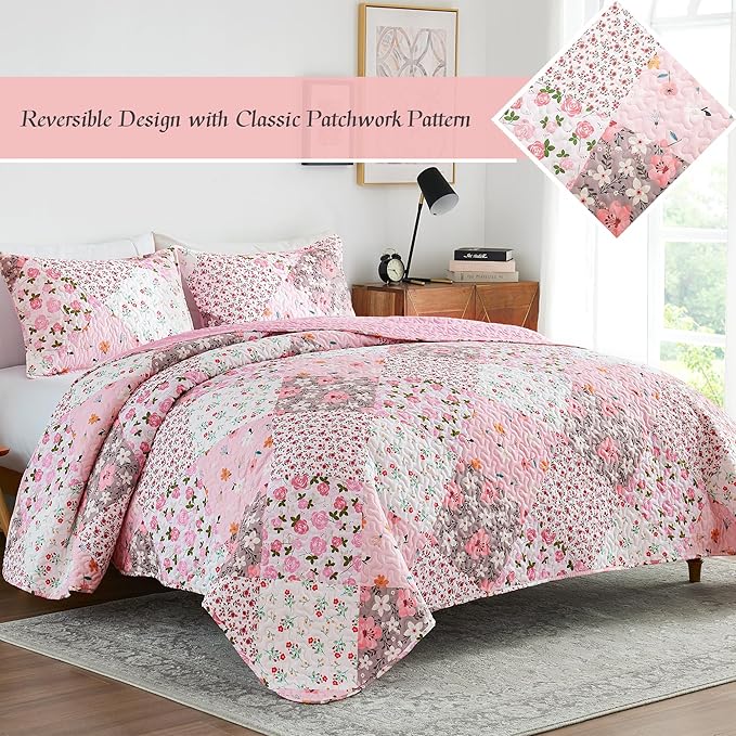 Whale Flotilla Patchwork Quilts Queen Size, Extra Soft Floral Bedspreads | Pink - Image 2