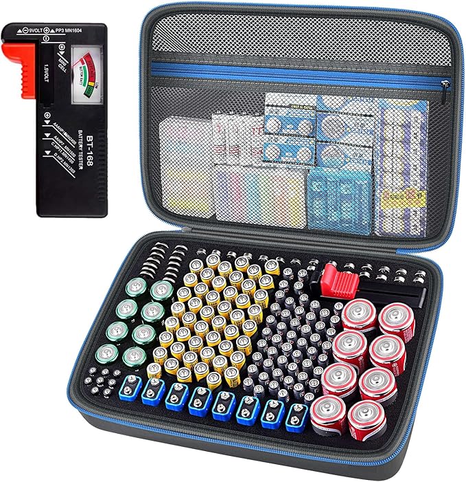 Battery Organizer Storage Holder Case Box with Tester Checker BT-168. Holds 225 Batteries AA AAA C D Cell 9V 3V Lithium (Blue)