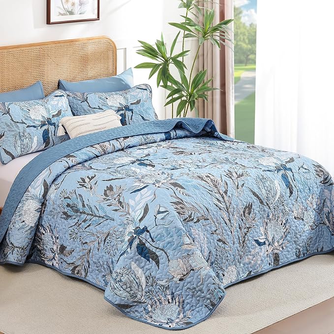 Dintszyayue Quilt Queen Size Blue, 3 Pieces Boho Floral Bedspread Bedding - Image 2