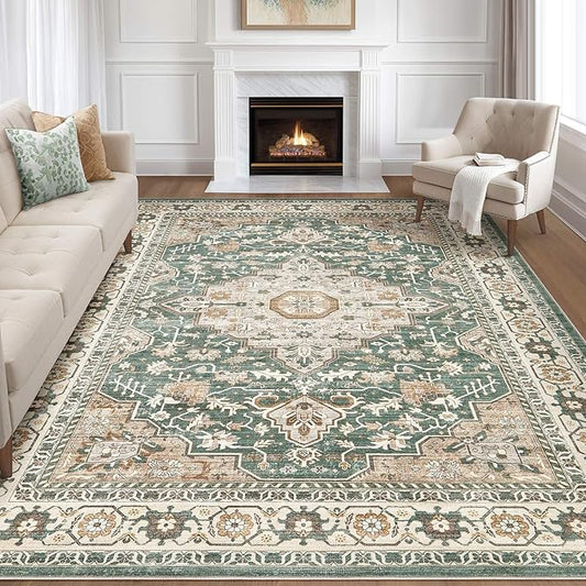 12x15 Area Rug Living Room: Machine Washable Boho Large Vintage Soft Rugs Stain Resistant Farmhouse Oriental Non Slip Indoor Floor Carpet for Bedroom Nursery Kids Playroom Office Dining Room- Green