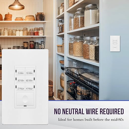 ENERLITES 4-Hour No Neutral Wire Countdown Timer Switch, 5-10-30-60 Min, 2-4 Hour, for Bathroom Fans, Heaters, Lights, LED Indicator, 120VAC 800W, UL Listed, HET06-J-W-2PCS, White, 2 Pack