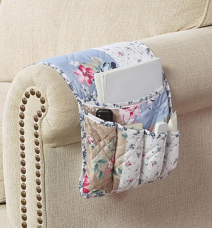 Brilliant Sunshine Blue Beige Rose Toile Couch Armrest Cover, Armrest Organizer - Image 3