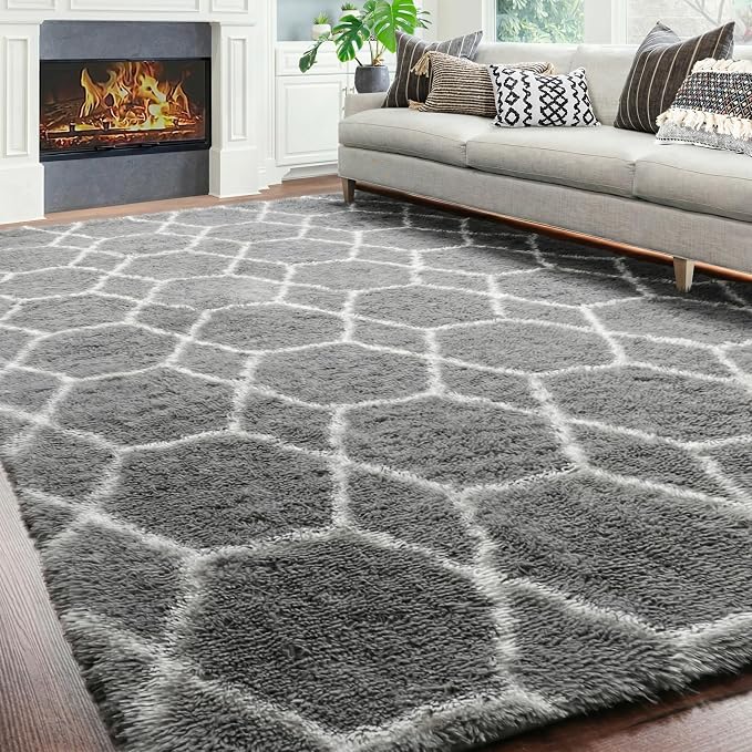 Large Area Rugs for Living Room, 7x10 Grey and White Rug, Moroccan Thick Floor by ONASAR