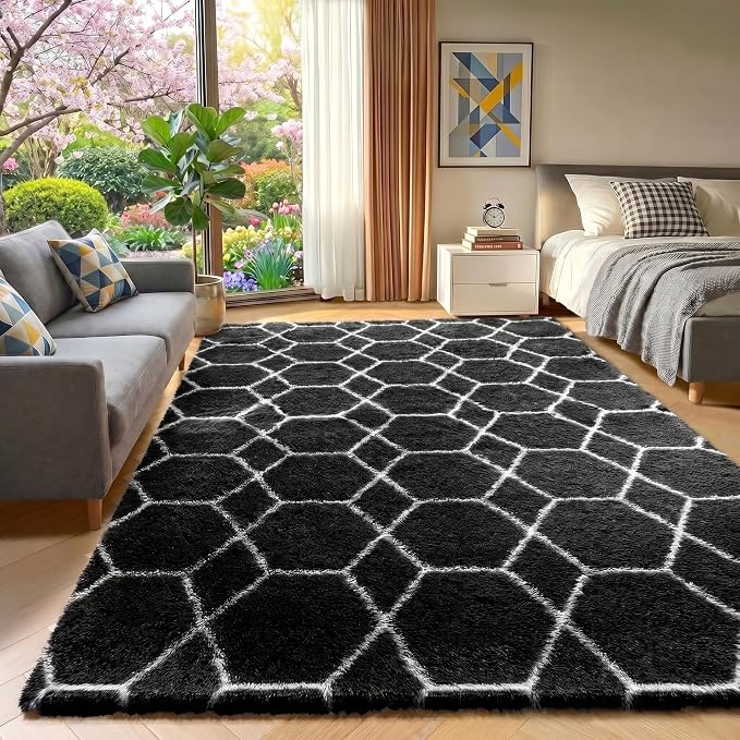 6x9 Area Rugs for Living Room Bedroom, Large Fluffy Black and White Throw Rug - Image 6