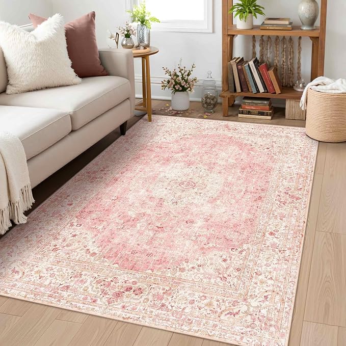 Latte&Fog 3x5 Entryway Pink Area Rugs, Vintage Floral Washable Rugs | - Image 3