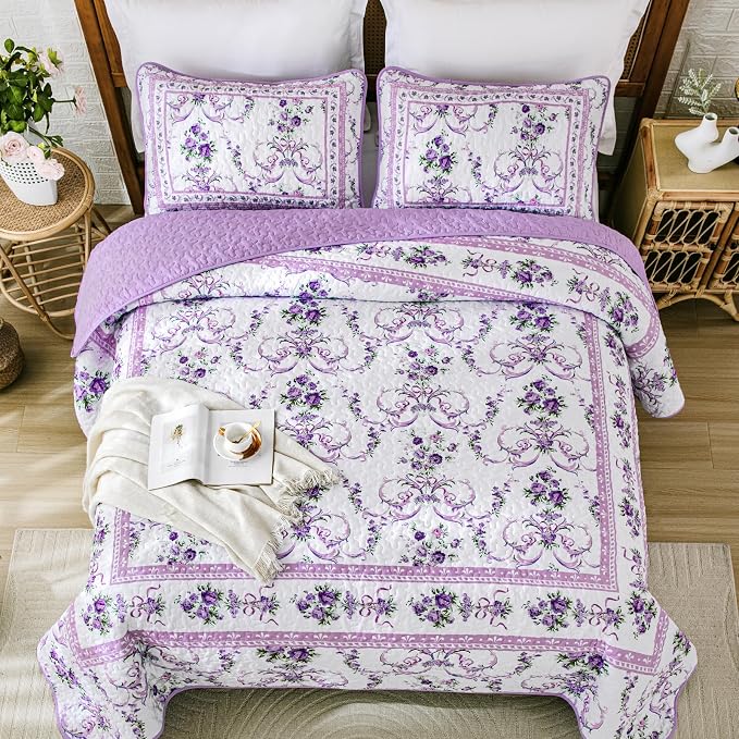 Anibedding Purple Queen Quilt Set, 3 Pieces Floral Pattern Quilts Bedspread | - Image 4