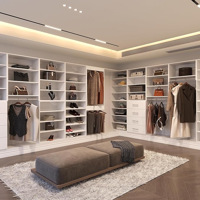 Double Hanging Closet Unit, Modular Closet System, Wood Closet System Organizer with Storage for Walk In Closets, Clothing Rack Wardrobe Closet for Hanging Clothes, Bedroom, White, 34.5"W