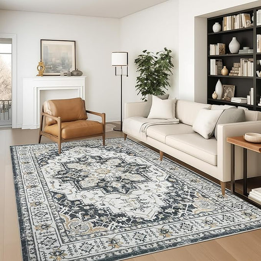 zesthome Washable Rug 6x9 Area Rugs,Stain Resistant Rugs for Living Room,Bedroom,Non-Slip Backing Home Decor Rug, Vintage Medallion Pattern Rugs (Black,6'x9')