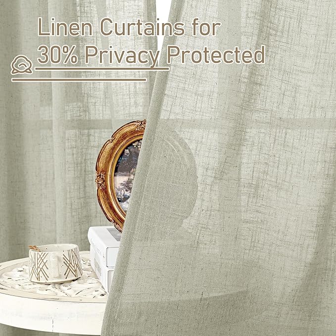 LAMIT Sage Grey Semi Sheer Linen Curtains 45 Inches Long 2 Panels, Light Filtering Panels Back Tab and Rod Pocket Neutral Drapes for Kitchen/Window/Bedroom, 52 x 45 Inch