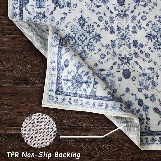 vivorug 3x5 Rug, Stain Resistant Washable Rug for Living Room, Floral Area Rug Vintage Inspired (Ivory/Blue, 3'x5')