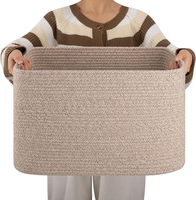 OIAHOMY Cotton Rope Basket, Rectangle Woven Nursery Blanket Basket, Toy Storage by MasterofSpaceOptimization