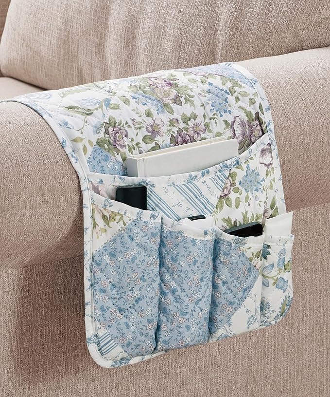 Brilliant Sunshine Blue Roses Patchwork Couch Armrest Cover, Armrest Organizer - Image 3