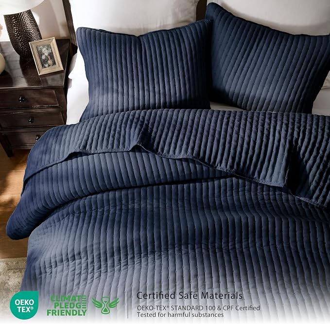 WDCOZY Navy Blue Cross Stitch King Size Quilt Set, Striped Lightweight Soft - Image 2