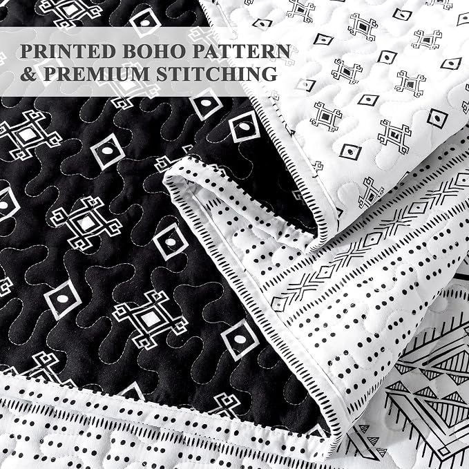 Black White King Size Quilt Set, 3 Pieces Boho Striped Bedspread | Soft - Image 5