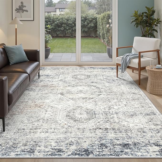 Soalmost 7x9 Area Rug for Living Room Washable Rugs Non-Slip Blue/Ivory | - Image 2