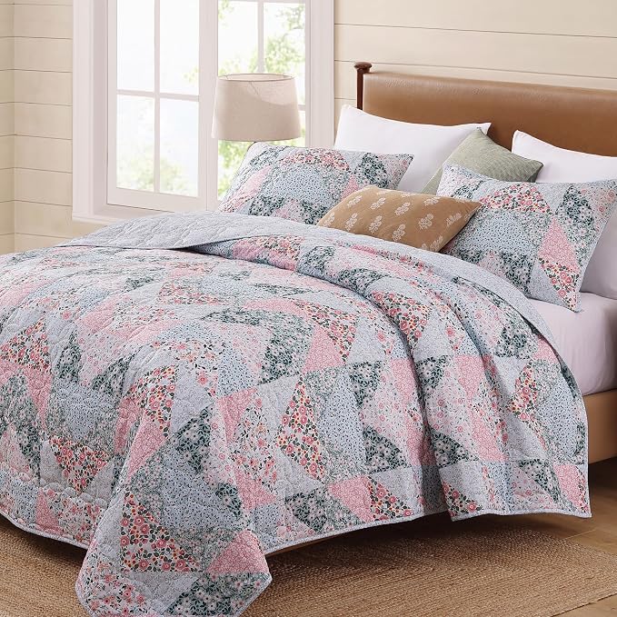 Queen Quilt Set-3 Pieces Soft Bedding Lightweight Floral Patchwork Coverlet | - Image 7