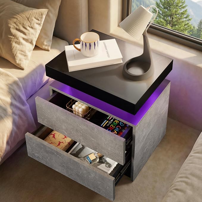 LED Nightstand with Wood 2 Drawers Modern Bedside Table - Image 4