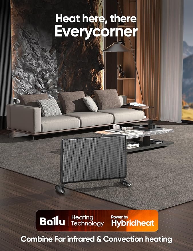 Ballu Mica Infrared Panel Space Heater for Large Room,Smart Quiet Heater with Programmable Thermostat,WiFi App Control,Inverter Energy Efficient for Indoor Use,Compatible with Alexa,Black