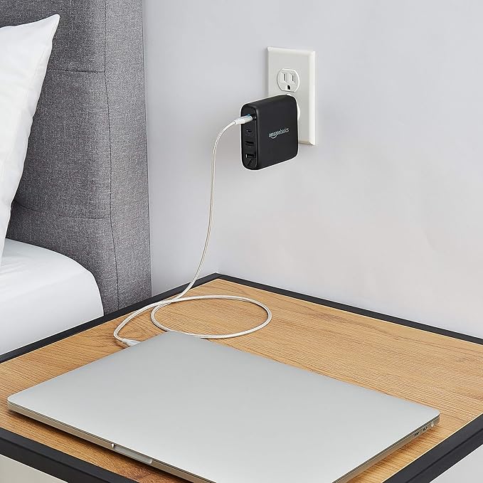 Amazon Basics 100W Four-Port GaN Wall Charger w/ 2 USB-C (100W,18W) & 2 USB-A Ports (12W) w/PD for Laptops, Tablets & Phones (iPhone 16/15/14/13/12/11/X, iPad, Mac, Samsung, and More), Non-PPS, Black