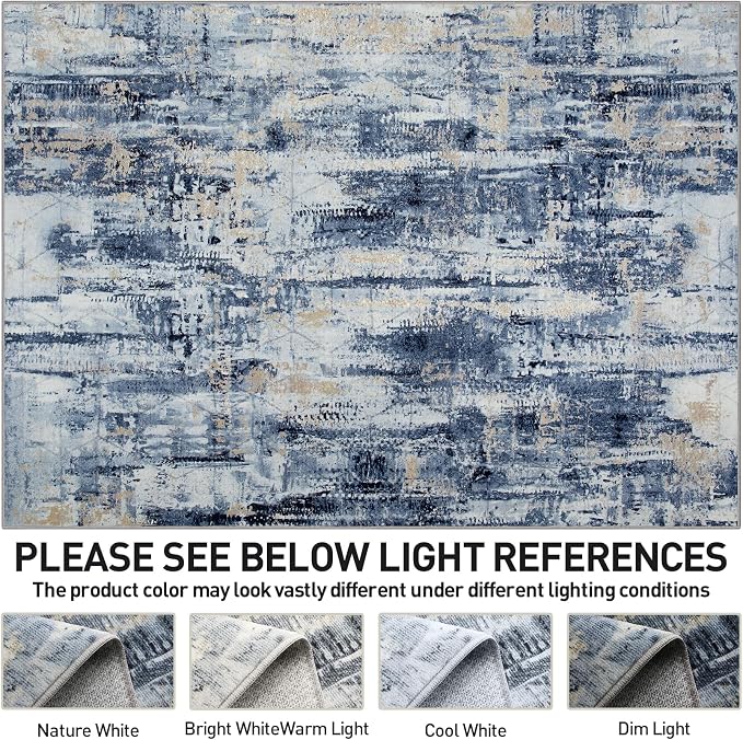 6x9 Area Rugs for Living Room: Washable Abstract Blue Gold Badroom Carpet | - Image 6
