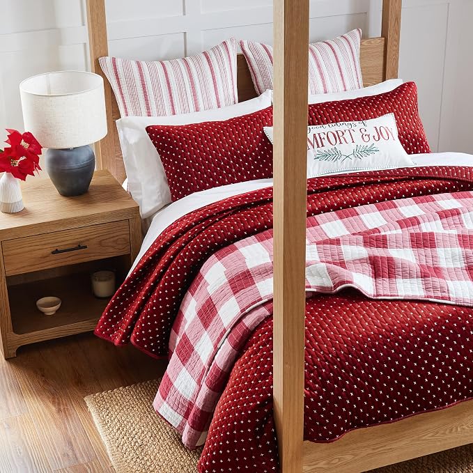 Levtex Home - Cross Stitch Velvet Red Quilt Set - Full/Queen Quilt + Two - Image 3