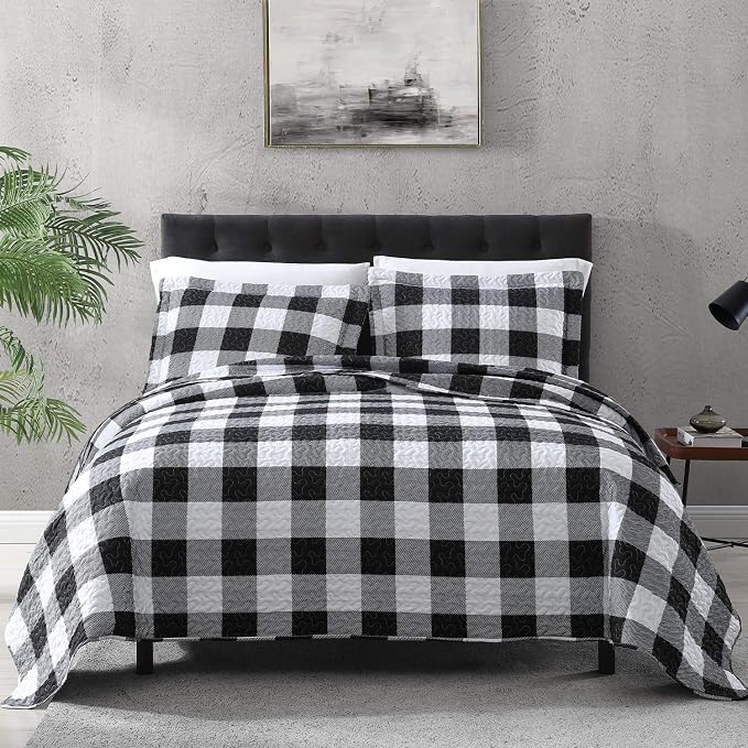 EXQ Home Quilt Set Full Queen Size Black and White Squares Bedspread | Bedding by EXQHomeTexitleCoLtd