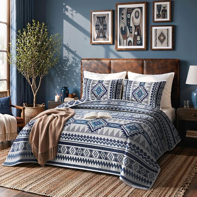 akkialla Reversible Blue Boho Queen Quilt Set, 2-Piece Bohemian Aztec - Image 2