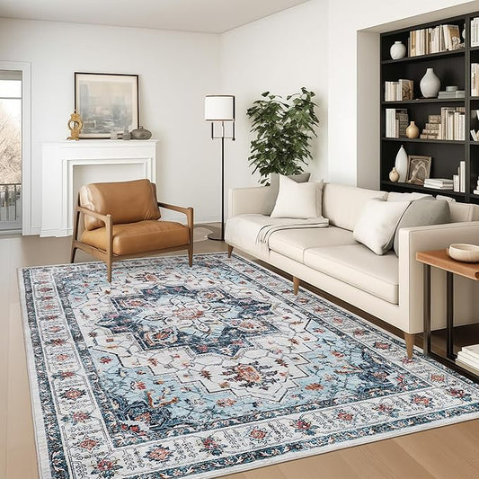 zesthome Washable Rug 5x7 Area Rugs,Stain Resistant Rugs for Living Room,Bedroom,Non-Slip Backing Home Decor Rug, Vintage Medallion Pattern Rugs (Blue,5'x7')