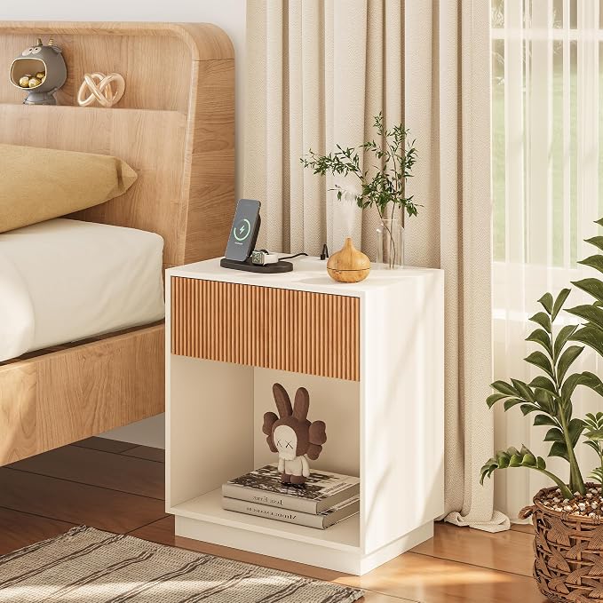 End Table with Charging Station, Fluted Nightstands Set of 2, Modern Bedside - Image 3