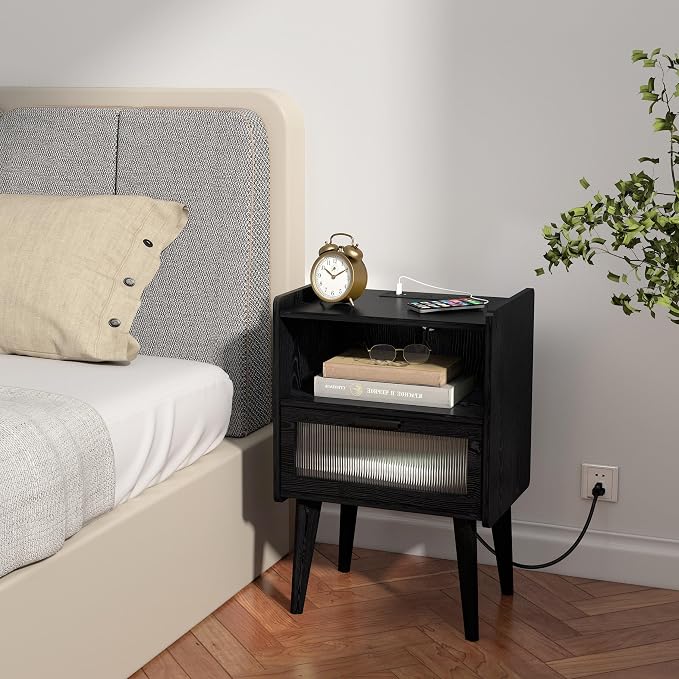 MMEOLUOOK Nightstand with Charging Station, Bedside Tables with Glass - Image 2