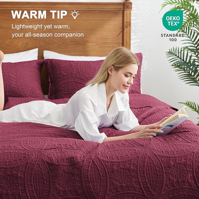 Love's cabin Quilts for Full Bed Burgundy Bedspreads Bedding Set - Image 4