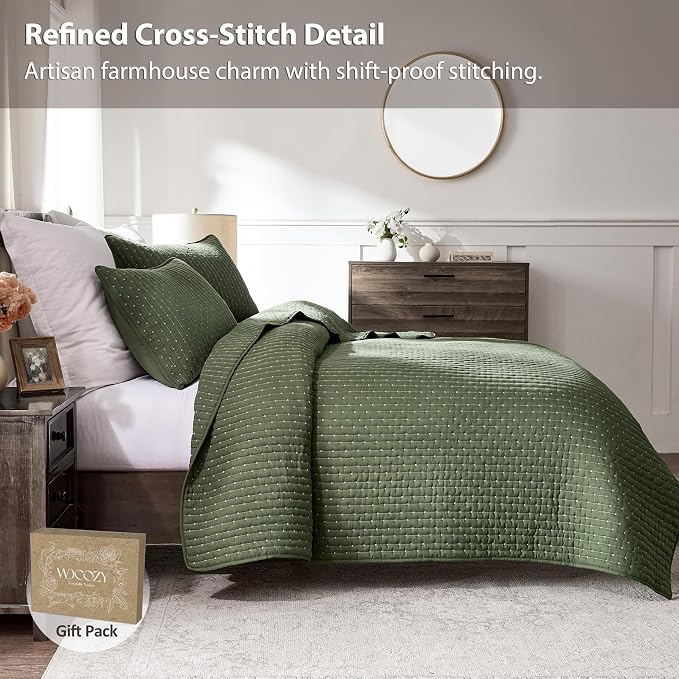 WDCOZY Olive Green Cross Stitch Queen Size Quilt Set, Striped Lightweight Soft - Image 3