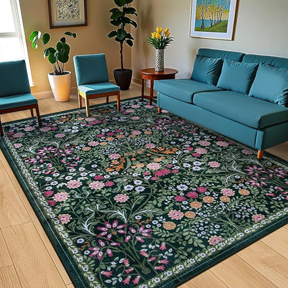 10x14 Area Rugs for Living Room: Floral Washable Rug Vintage Large Soft Boho Non-Slip Carpet Stain Resistant Low Pile Carpets for Bedroom Dining Room Farmhouse Nursery Hallway Home Office Dark Green