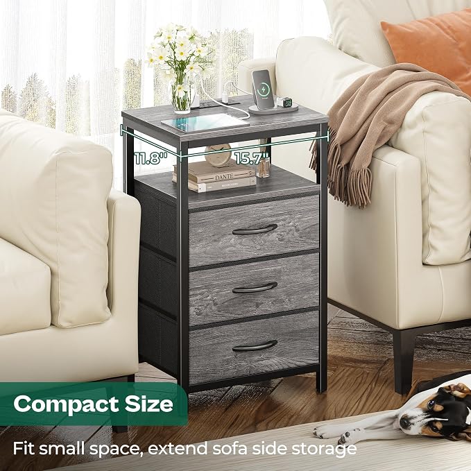 Huuger Nightstand with Charging Station, 27.6 Inch Bedside Table, Side Table | - Image 6