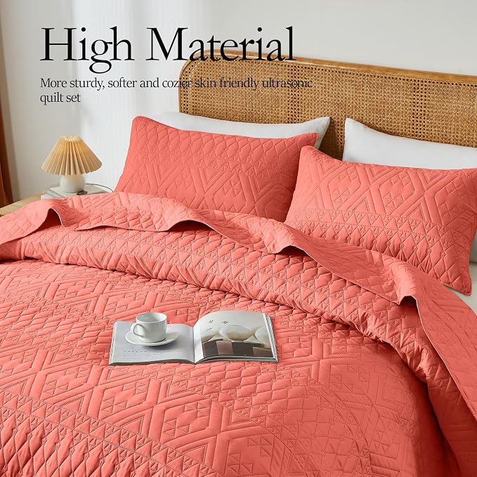 akkialla Twin Size Quilt Bedding Set, Coral Lightweight Microfiber Soft - Image 4
