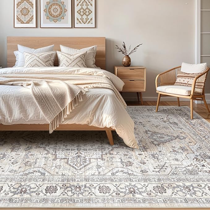 10x12 Area Rug Living Room: Washable Boho Large Neutral Vintage Soft Rugs Stain Resistant Farmhouse Non Slip Indoor Floor Carpet for Bedroom Nursery Kids Playroom Office Dining Room- Ivory Gray