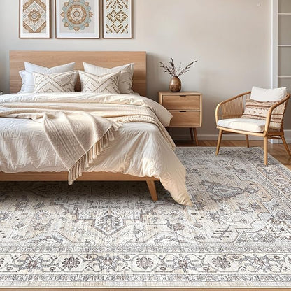 10x12 Area Rug Living Room: Washable Boho Large Neutral Vintage Soft Rugs Stain Resistant Farmhouse Non Slip Indoor Floor Carpet for Bedroom Nursery Kids Playroom Office Dining Room- Ivory Gray