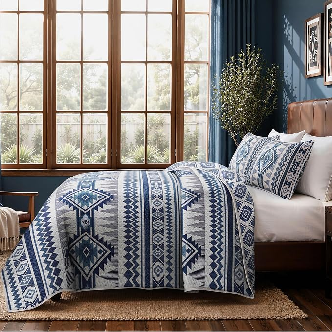 akkialla Reversible Blue Boho Queen Quilt Set, 2-Piece Bohemian Aztec - Image 5