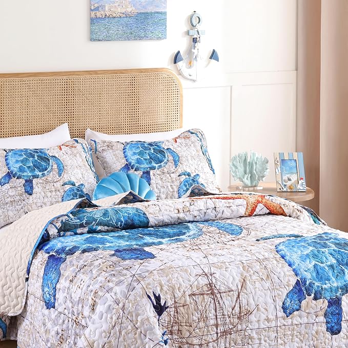 weigelia Coastal Quilt Queen Size, Nautical Lightweight Summer Bedding | - Image 3