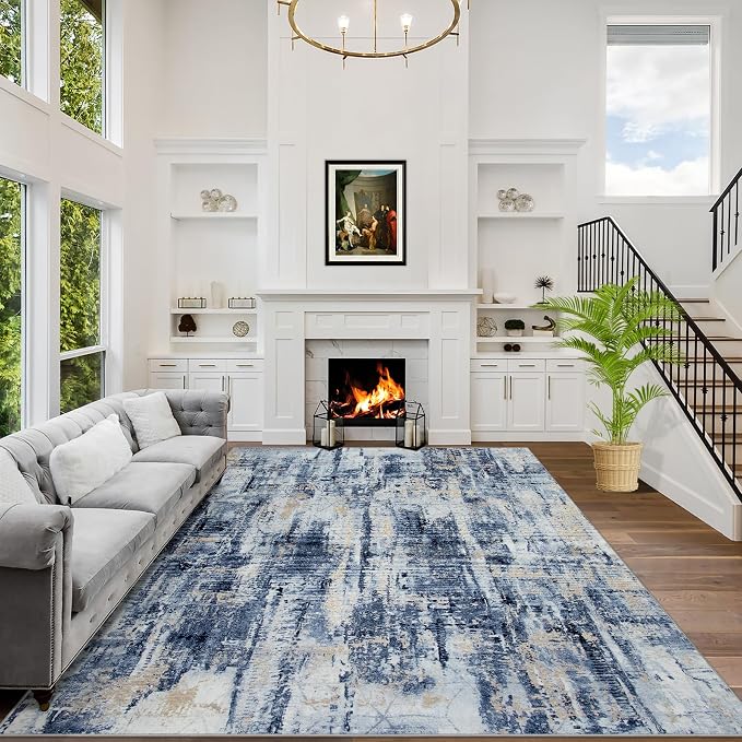 9x12 Area Rugs for Living Room: Washable Abstract Blue Gold Badroom Carpet | by GENTDRIZZ