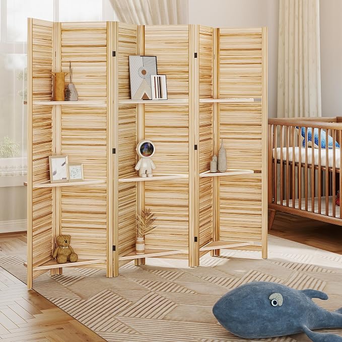 HOMCOM Room Divider with Shelves, 6 Panel, Natural Wood | Wood Privacy Screen - Image 9