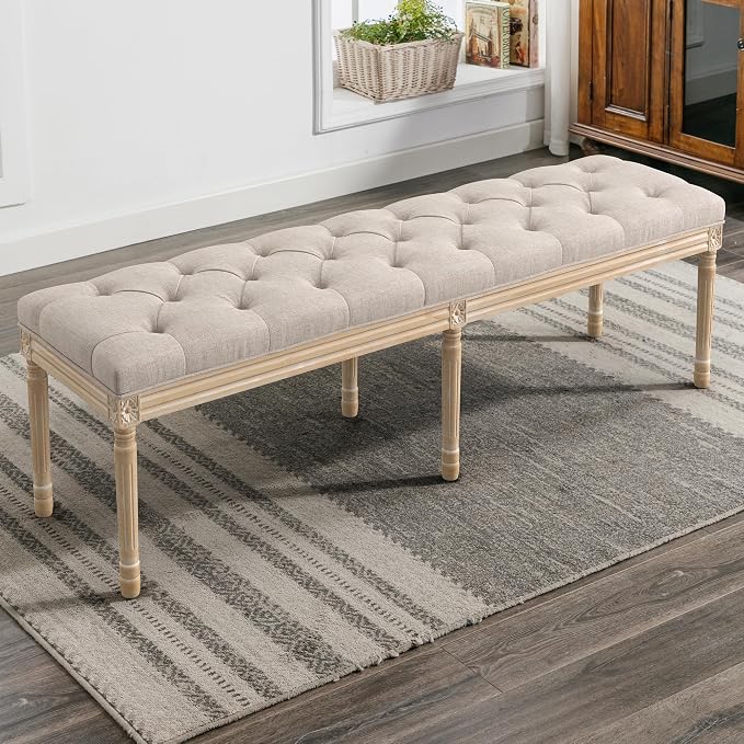 LUE BONA 60" Fabric End of Bed Bench, Upholstered Tufted French Bedroom Bench - Image 2